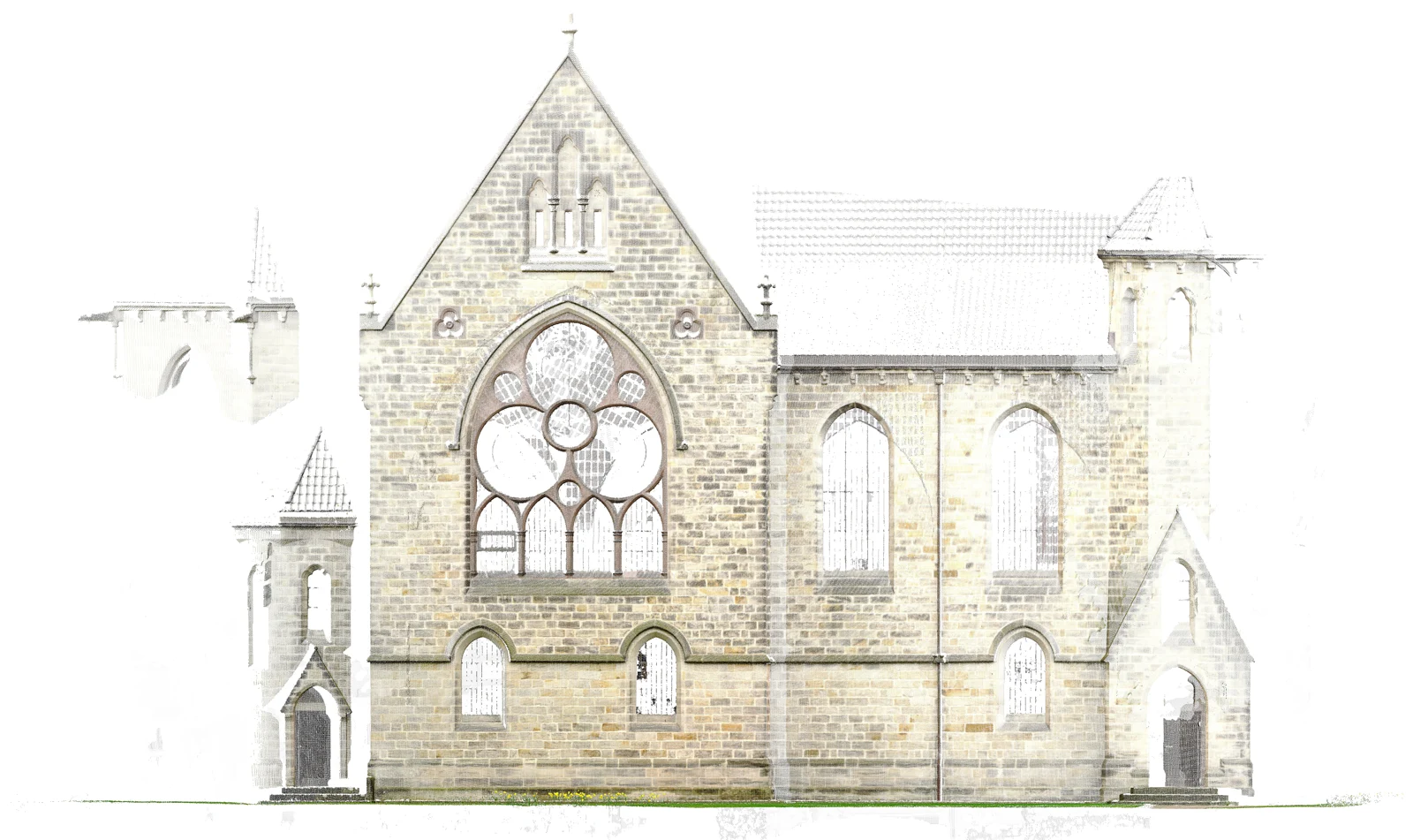 Laserscan einer historischen Kirchenfassade mit Rosettenfenster